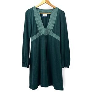 Vintage Emmelee Midi Dress Green Long Sleeve V-Neck Empire Waist Casual Formal